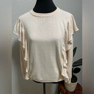 Lumiere Crewneck Light Pink Ruffled Long Sleeve Knit Sweater Large